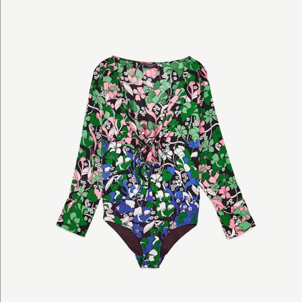 Zara green and pink floral bodysuit long sleeve